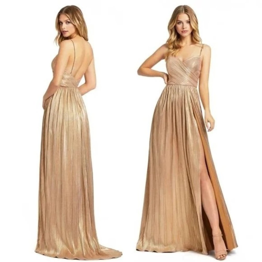 Ieena for Mac Duggal 26275 Gold Metallic Ruched A-Line Formal Gown Size 6